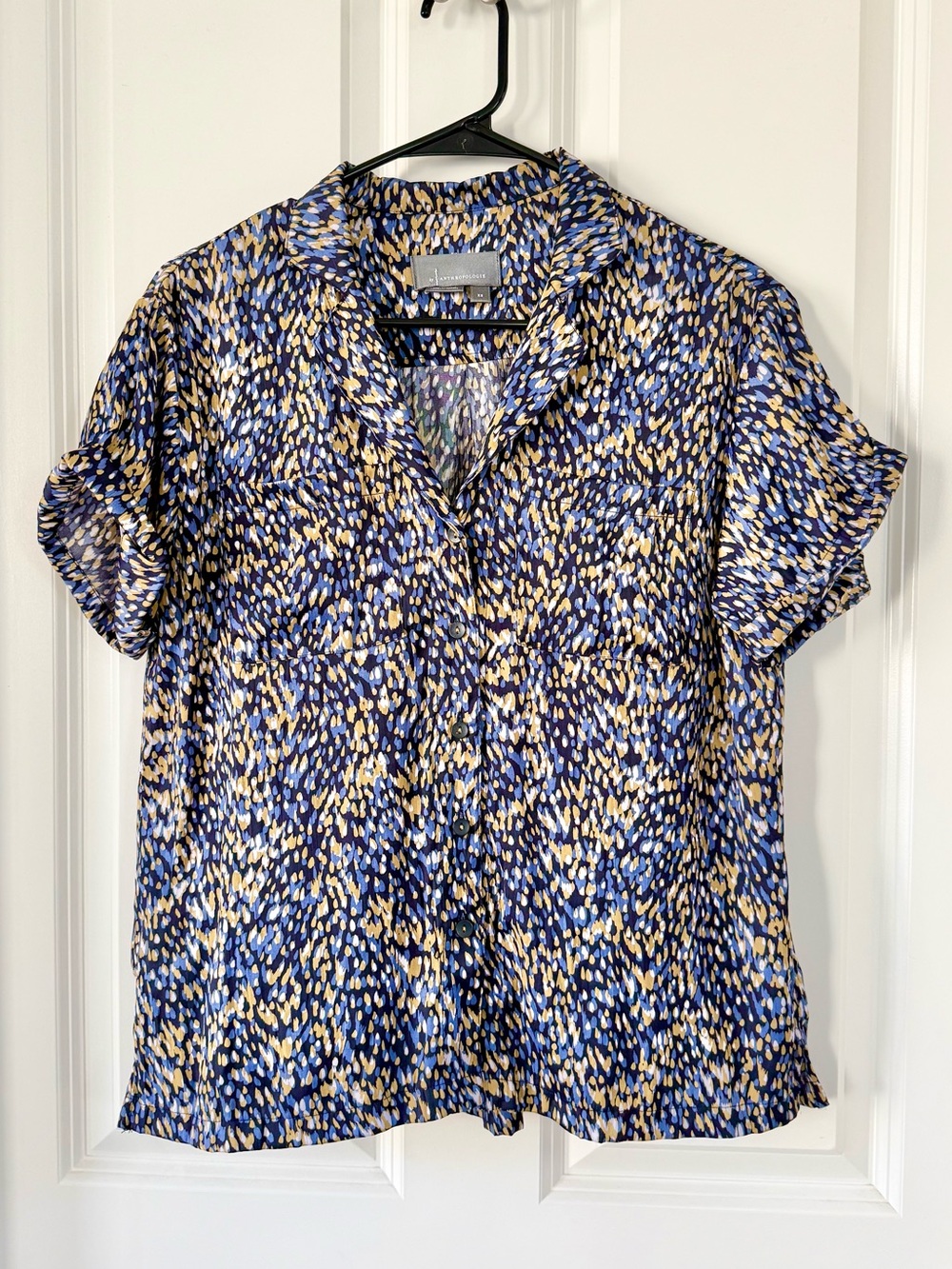 By Anthropologie Multi-Print Silk Short Sleeve Button Front Top